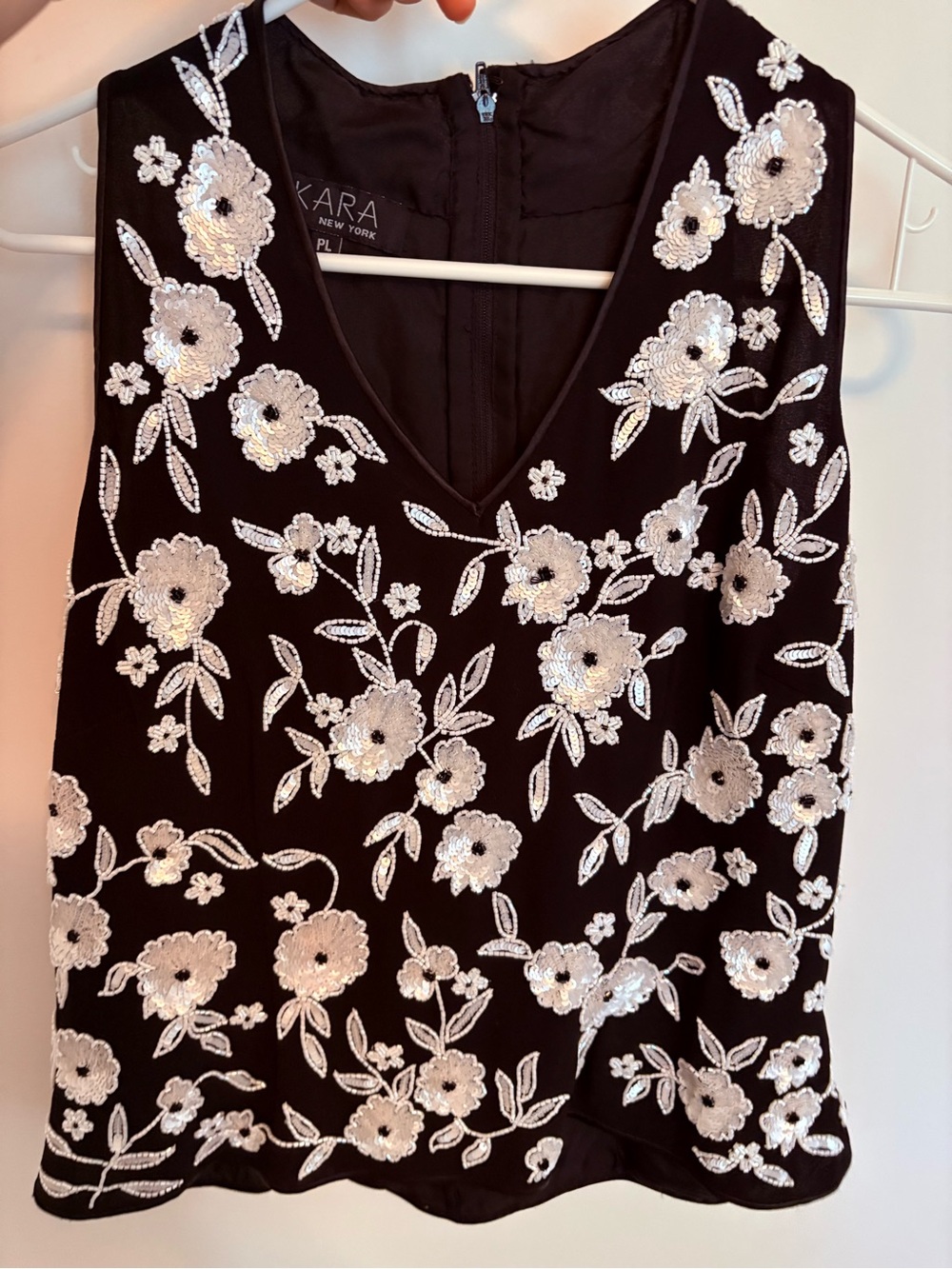J Kara Black V-Neck Tank with White Floral Sequin Trim
